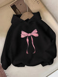 Women's Hoodie Elegant Pink Ribbon Bow On Soft Black Fabric Hoodie