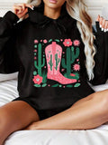 Women's Hoodie Pink Western Boot Surrounded By Green Cactus And Blossoming Flowers Boot
