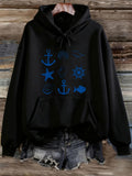 Women's Hoodie Nautical Blue Symbols Among Coastal Elements Anchor