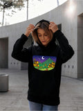 Women's Hoodie Colorful Night Cityscape Under Crescent Moon Mountain Sky