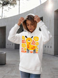 Women's Hoodie Cheerful Flowers And Leaves With Playful Folk Art Yellow Deer