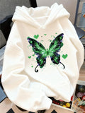 Women's Hoodie Sparkling Green Butterflies With Floating Hearts On White Butterfly