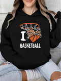 Women's Hoodie I Love Basketball With Swishing Net And Flying Basketball