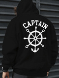 Men's Hoodie Captain Nautical Wheel With Anchor Illustration Under Bold Lettering Captain