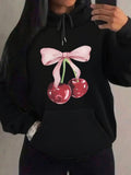 Women's Hoodie Sweet Pink Ribbon With Glowing Red Cherries On Black Hoodie Cherry