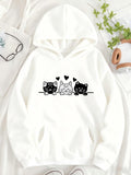 Women's Hoodie Three Whimsical Cats With Hearts Above On Cozy Hoodie