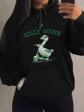 Women's Hoodie Silly Goose Riding Scooter With Playful Whimsical Cartoon Green Goose