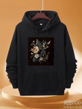 Men's Hoodie Elegant Monochrome Flowers With Leaves On Midnight Velvet Hoodie