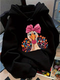 Women's Hoodie Colorful Feathers Playfully Smiling Bird Wearing A Pink Bow