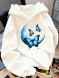 Women's Hoodie Ethereal Blue Butterflies Gliding Gracefully Around Luminous Crescent Moon