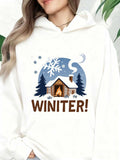 Women's Hoodie Winiter Cozy Cabin Among Snowflakes Night Sky Trees