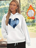 Women's Hoodie Patchwork Denim Blue Heart Pattern On Soft White Hoodie Heart