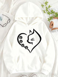 Women's Hoodie Minimalist Heart Shaped Line With Playful Paw Prints Cat
