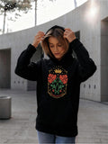 Women's Hoodie Golden Crown And Red Roses On Black Hoodie Among Greenery