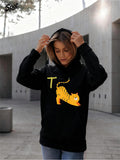 Women's Hoodie Playful Yellow Cat With Curved Tail Crouching On Black Hoodie