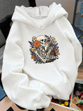 Women's Hoodie Colorful Wildflowers And Leaves Surrounding Resting Skeleton