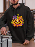 Men's Hoodie Colorful Autumn Flowers Blooming Around Smiling Carved Pumpkin