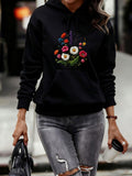 Women's Hoodie Delicate Embroidered Blooms With Colorful Petals On Classic Black Hoodie