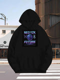 Men's Hoodie Neo Y2K Futuristic World With Neon Elements Glowing Symbols Featuring Planet Earth