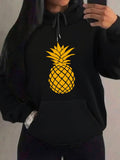 Women's Hoodie Bright Golden Tropical Pineapple Motif On Cozy Warm Black Hoodie Pineapple