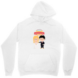 Men's Hoodie Cartoon Couple Standing Together With Red Car Overhead