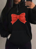 Women's Hoodie Vivid Red Ribbon Bow Centered On Black Hoodie