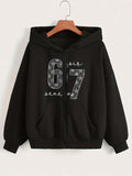 Women's Hoodie Star Pattern Numbers With Handwritten Scribbles And Oversized Zip Up Hoodie