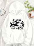 Women's Hoodie Swim Like A Fish Artistic Black Wave With Underwater Swimming Fish
