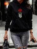 Women's Hoodie Embroidered Red Rose With White Leaves On Casual Streetwear Hoodie