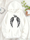 Women's Hoodie Hand Drawn Heart With Angelic Feathers In Black Halo Wings