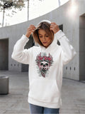Women's Hoodie Floral Wreath With Colorful Feathers Blooming Around Skull