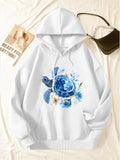 Women's Hoodie Watercolor Blue Floral Blooms Surrounding Gentle Sea Turtle