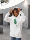 Women's Hoodie Single Green Leaf Centered On Crisp White Hoodie