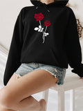 Women's Hoodie Elegant Red Floral Bloom With Stylized Artistic Rose Stems And Leaves Flower