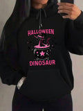 Women's Hoodie Halloween Pink Witch Hat Stars Among Magical Dinosaur