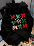 Women's Hoodie Colorful Patterned Holiday Bows With Shimmering Stars Festive Ribbon