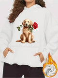 Women's Hoodie Golden Puppy Sitting Calmly With Red Rose In Its Mouth Surrounded By White Hoodie