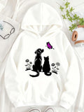 Women's Hoodie Playful Purple Butterfly Among Grassy Flowers With Dog And Cat