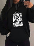 Women's Hoodie Grunge Textured Rectangle With Dramatic Single Blooming Rose
