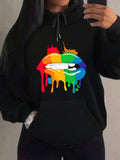 Women's Hoodie Rainbow Paint Splashes Highlighting Glossy Dripping Artistic Lips