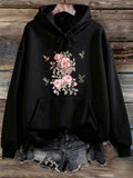 Women's Hoodie Delicate Blush Rose Blossoms With Hummingbirds Fluttering Over Blooming Flowers