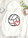 Women's Hoodie Hand Drawn Red Heart With Volleyball Line Art Ball
