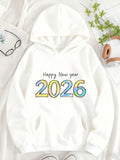 Women's Hoodie Happy New Year Vibrant Multicolor Numbers On Crisp White Hoodie 2026