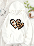 Women's Hoodie Leopard Print With Double Patterned Hearts Surrounded By Ink Outlines Heart