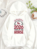 Women's Hoodie Happy New Year Red Radiant Typography With Small Running Horse