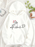 Women's Hoodie Minimalist Heartbeat Line With Adorable Cat Surrounded By Red Hearts