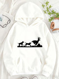 Women's Hoodie Running Hounds Chasing Antlered Deer On Grassy Terrain Silhouette