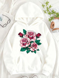 Women's Hoodie Lush Pink Roses With Green Leaves On Soft White Fabric Rose