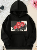 Men's Hoodie Traditional Ink Painting With Blooming Red Peony Flowers Under Gentle Light Peony