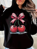 Women's Hoodie Elegant Pink Ribbon Tied Over Juicy Cherries With Gentle Shine Cherry